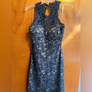Sequin Hearts Lace & Sequin Halter Neck Empire Waist Short Navy Dress